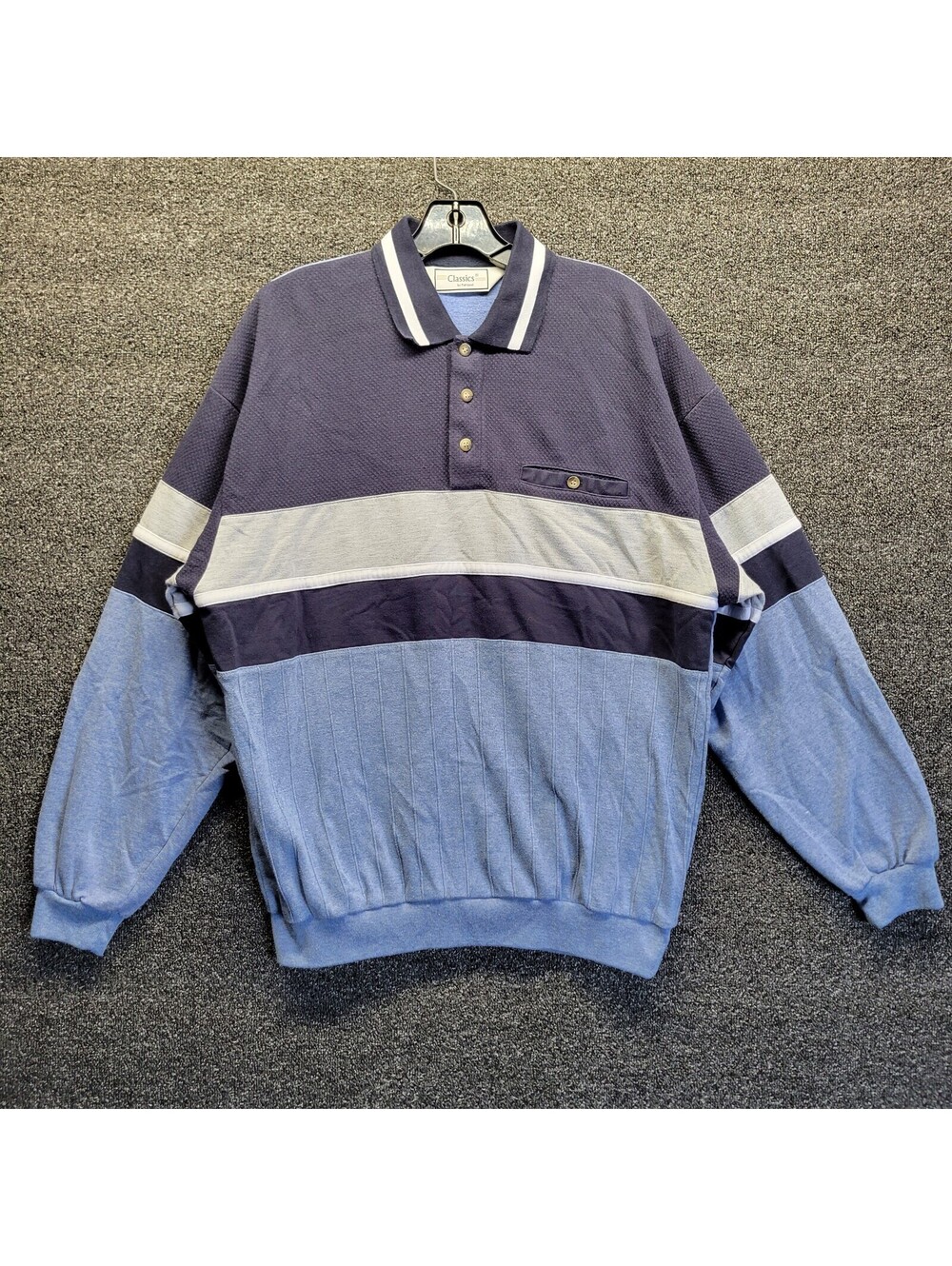 VTG Classics by Palmland Blue Colorblock Banded Longsleeve Polo Shirt Sz L Retro